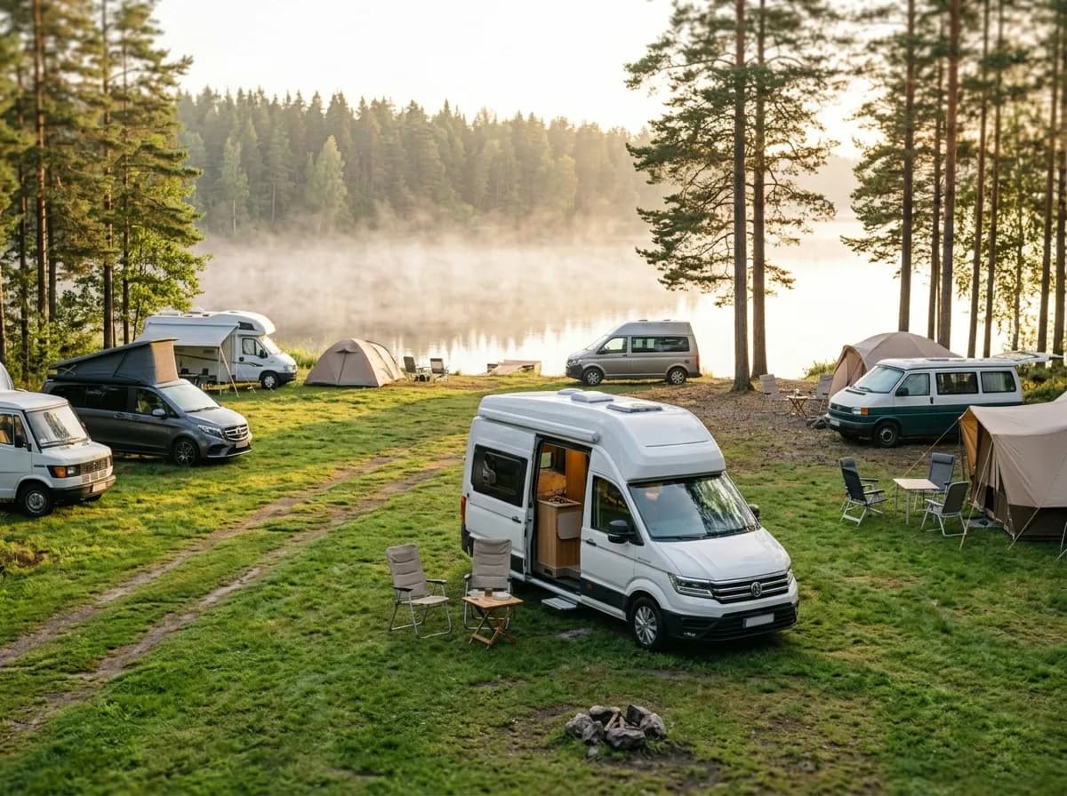 Small campground with campervans and tents on a meadow by a lake in the Baltics