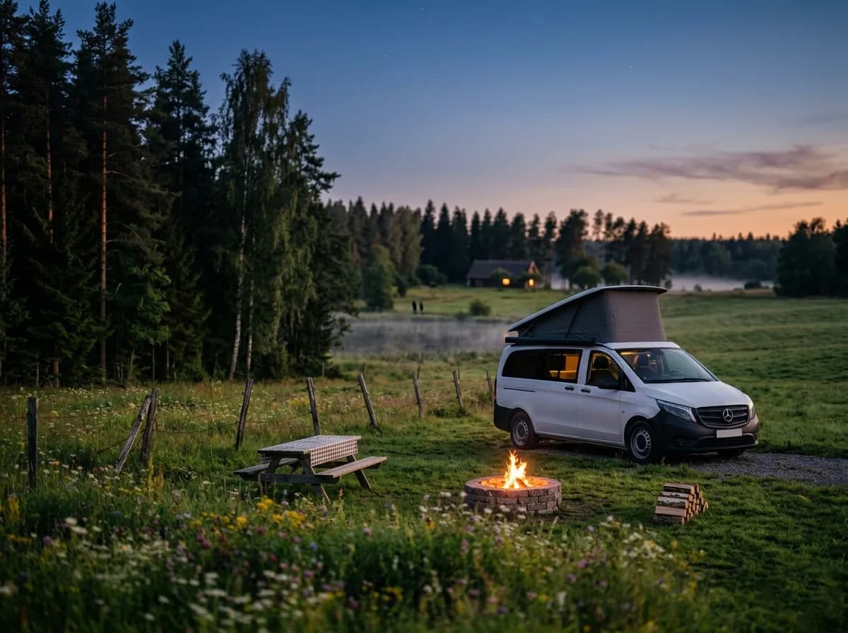 Campervan camping on private land with a campfire in the evening