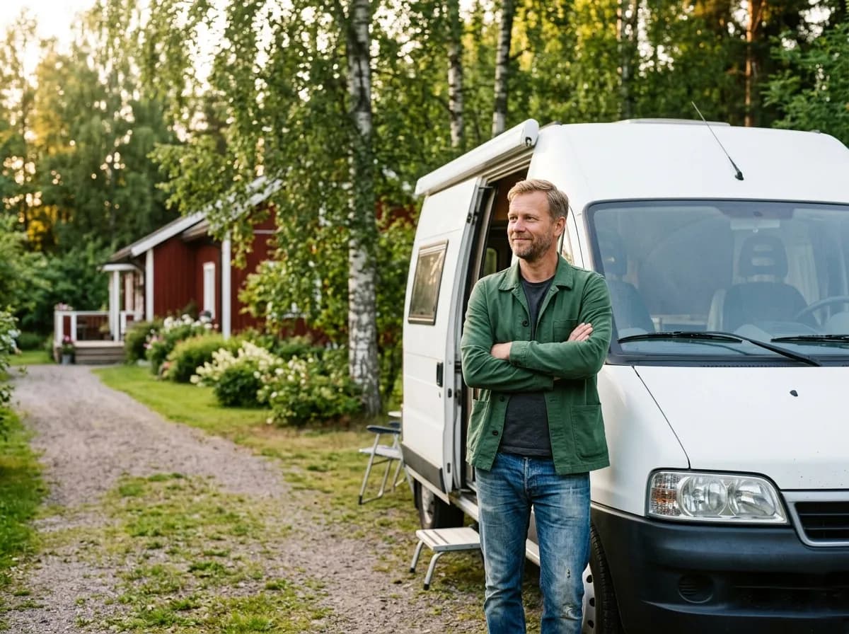 Campervan owner standing beside his motorhome on a sunny evening