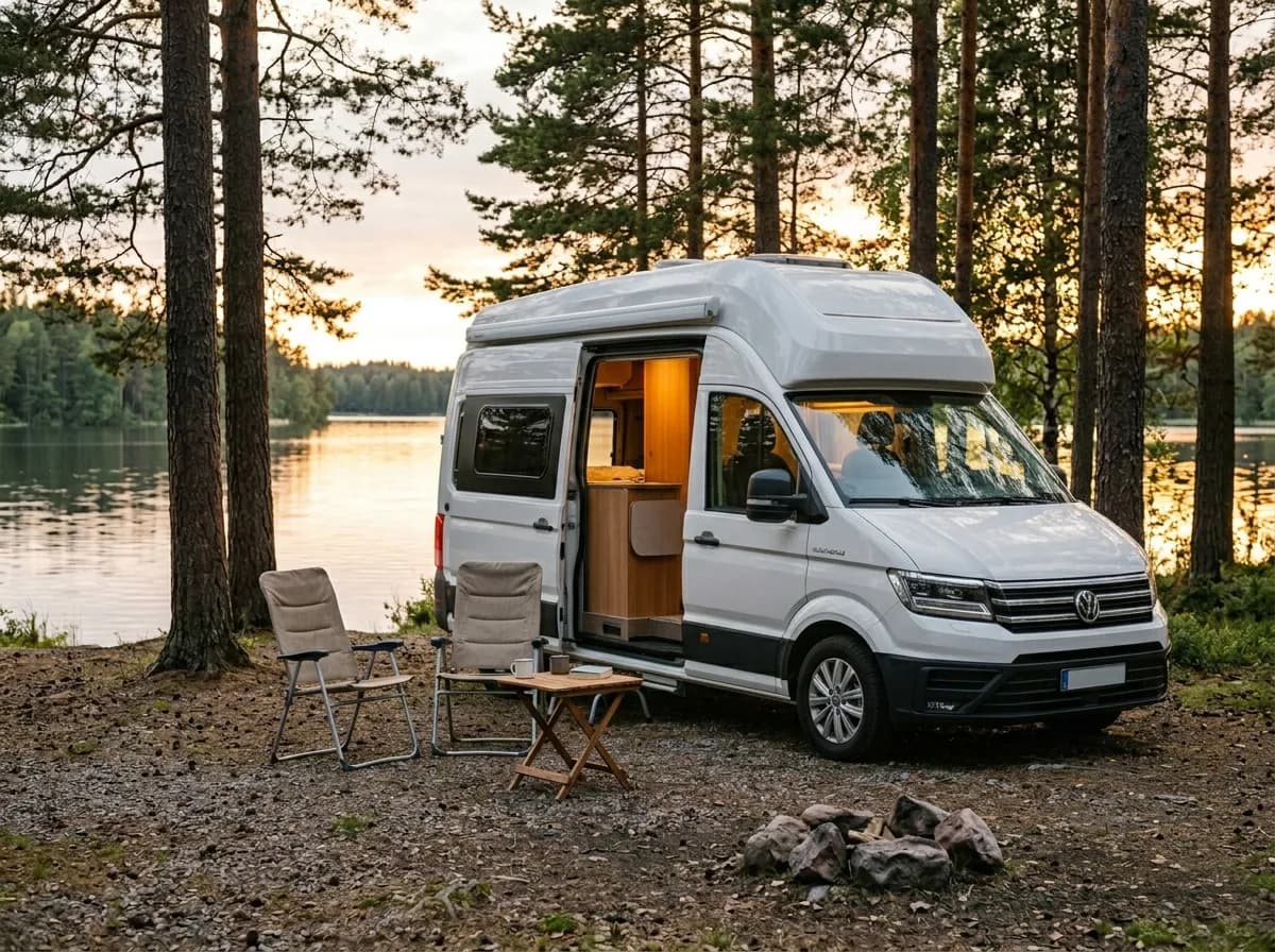 Campervan parked at a lakeside camping spot in the Baltics at dusk